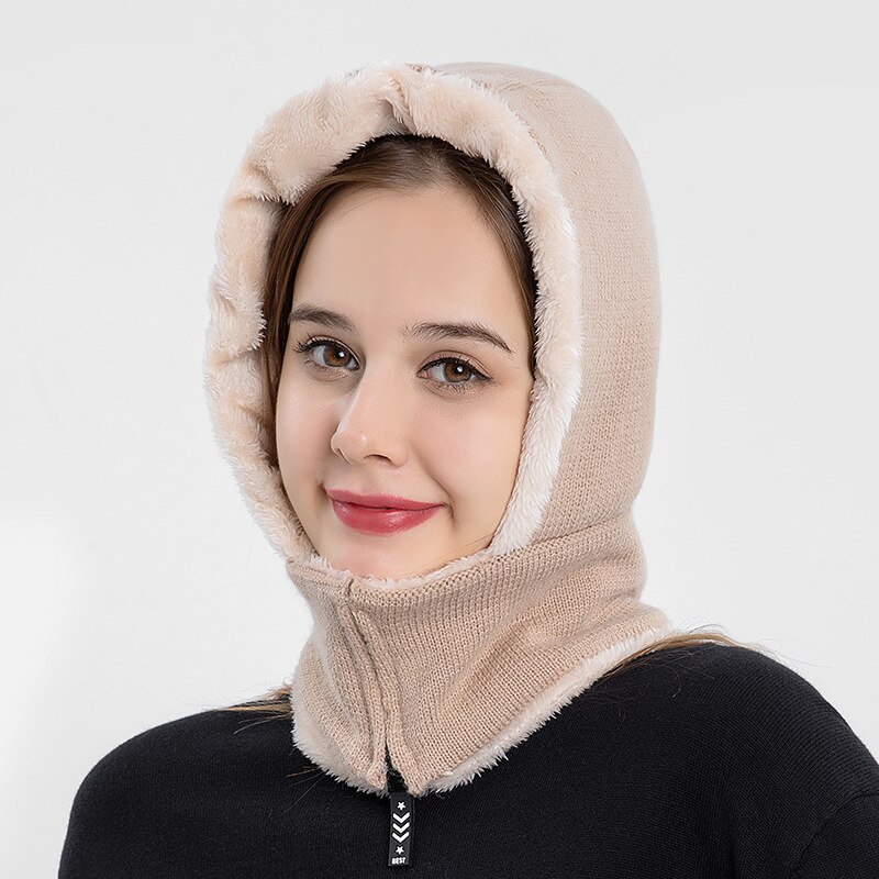 Winter Girl Knitted Hat Fleece Hood Thermal Face Cover with Zip Hat Vogue Neck Warmer Ski Riding Snow Cap Beanie Outdoor