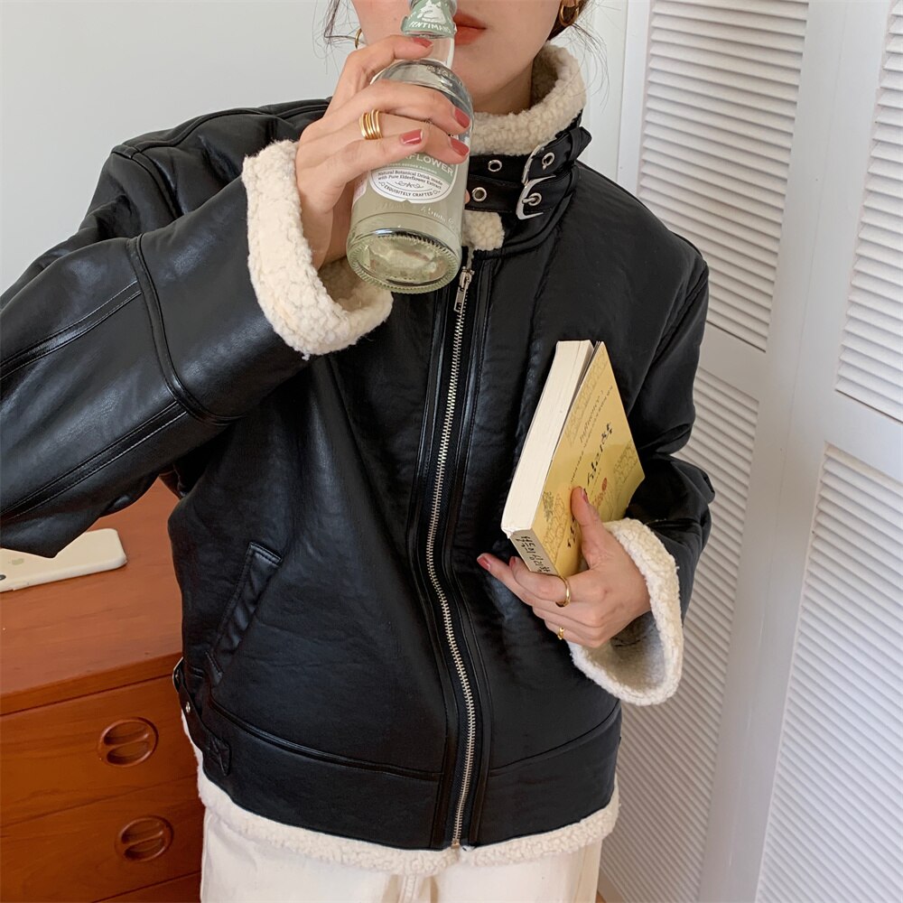 Alien Kitty Winter Work Wear Warm Women PU Jackets Streetwear Wool OL Femme All Match Casual Loose Coats: black