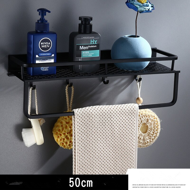 Badeværelseshylde med håndklædetang vægmonteret aluminium badekar bruser hylde sort bad shampoo holder kurv holder hjørne hylde: 50cm med håndklædestang