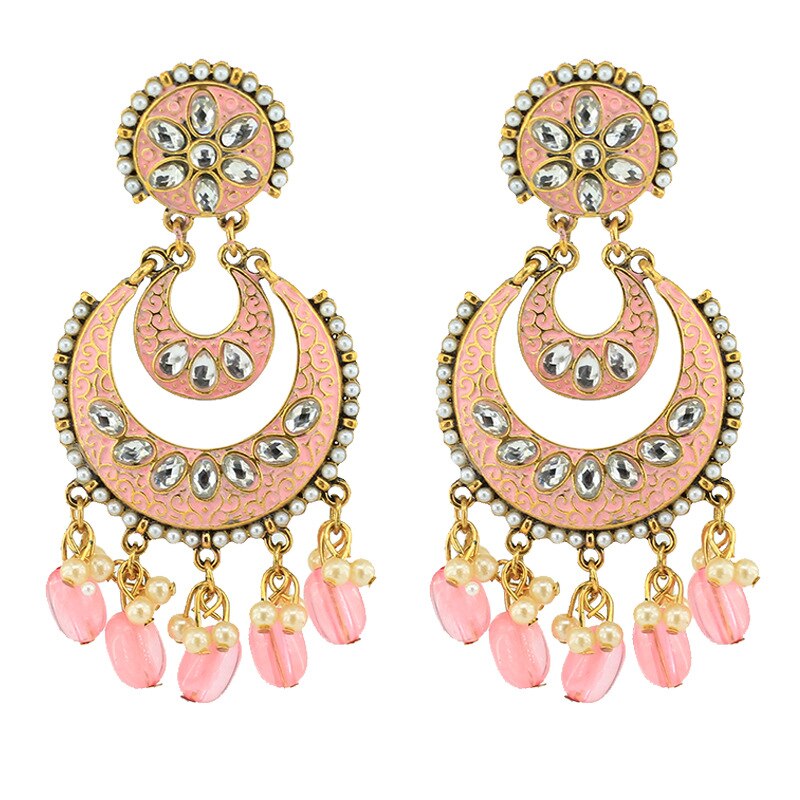 Classic Indian Oxidized Jewelry Earring Boho Crystal Pearl Chandbali Bollywood Party Wedding Wear Double Moon Earrings for Women: Pink