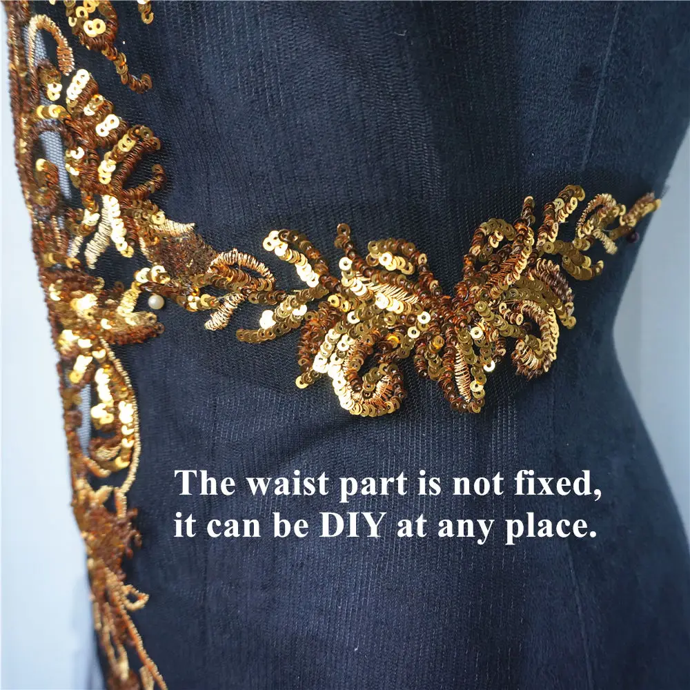 1 sæt sort tyl guld pailletter broderi blonde stof kvast royal noble brudekjole applikation patch krave kjole diy
