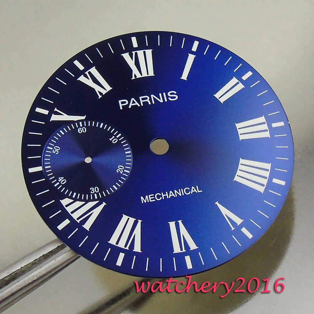 38.9mm Parnis blauwe wijzerplaat Romeinse cijfers fit 6497 hand winding beweging heren Horloge wijzerplaat