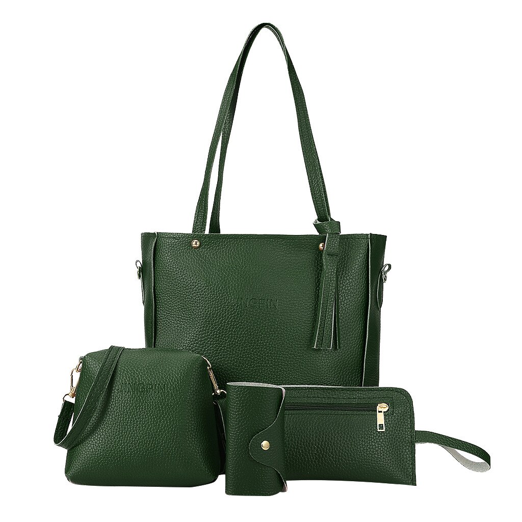 4pcs Set Woman Bag Handbags Four-Piece Shoulder Bags Leather Messenger Bag Vintage Wallet Card Package Purse Flap: Green 
