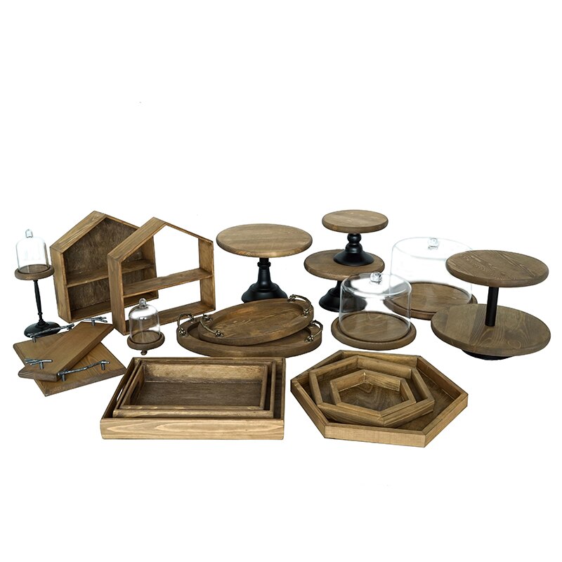 Vintage Bruin Houten Cake Stands Set voor Gazon Bruiloft Verjaardagsfeestje Dessert Servies Koffie Cupcake Cake Stands Platen Decor