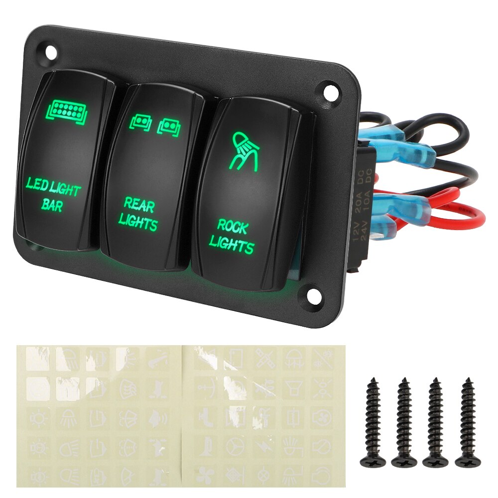 3 Gang Rocker Switch Panel 12V 24V Control Panel Toggle Switch LED Light ON/Off For Auto Car Marine ATV UTV IP65 waterproof: Green