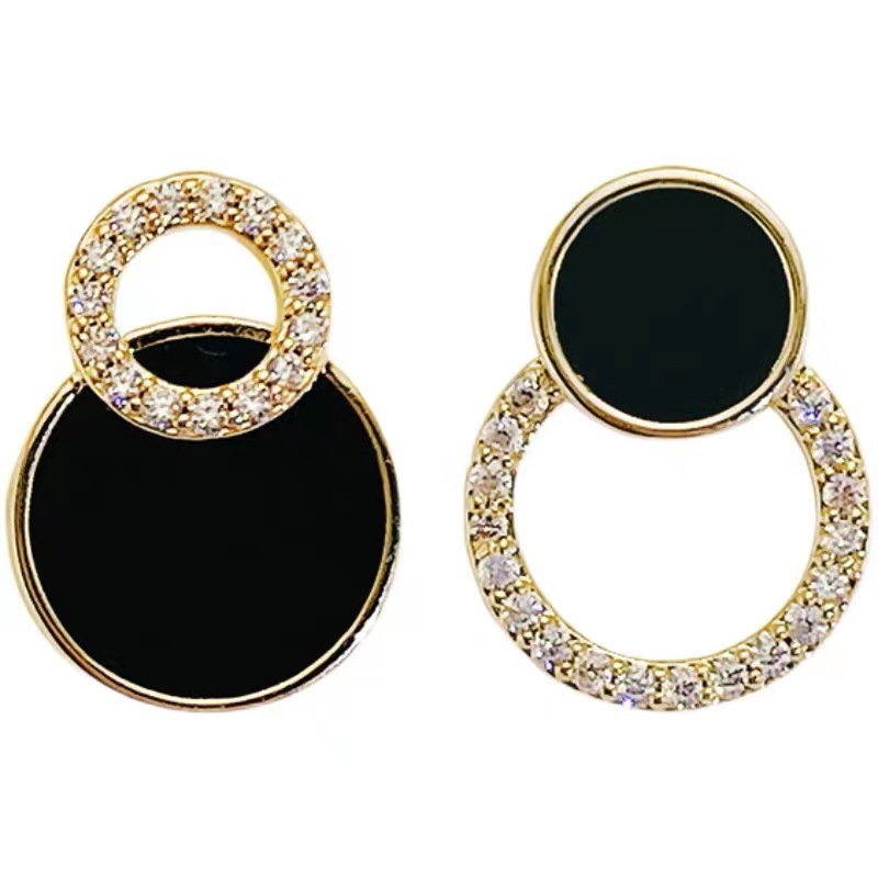 Boucles d'oreilles asymétriques rondes creuses noires pour femmes, accessoires en strass pour femmes