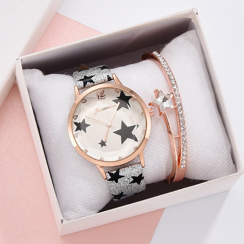 Set van 2 dameshorloges met pentagram-strass-steentjes in roségoud, dameshorloge met armband, vrouwelijk horloge, relogio feminino reloj