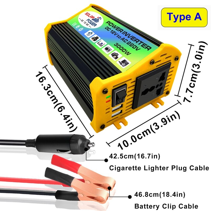 Power Inverter 3000W - Smart Inverter DC12V to AC220V with 2 USB Ports 4.1A Yellow