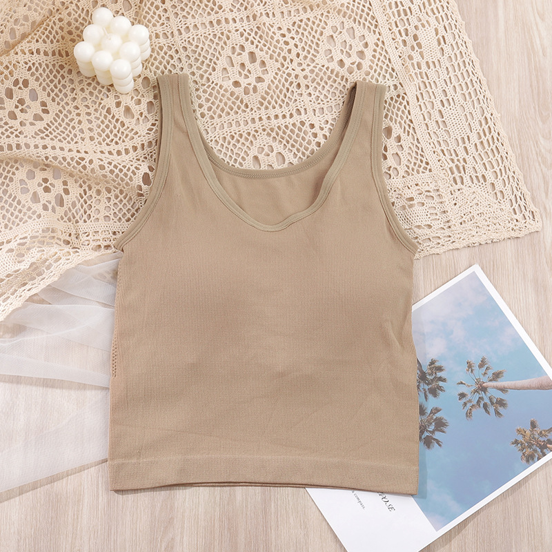 Kvinder crop top pige solid enkel camisole v-hals stribet tube top bred skulderrem polstret undertøj kvinde: Beige top