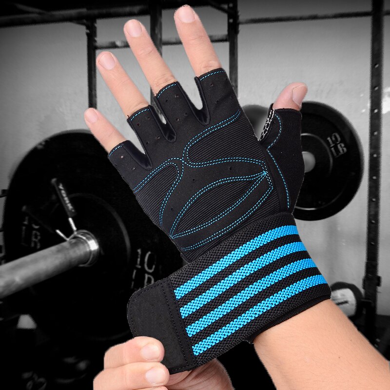 Guanti per sollevamento pesi uomo donna guanti da allenamento bilanciere palestra guanti da Fitness con supporto per il polso per allenamento cosacco esercizio proteggi: Blue gym gloves / XL