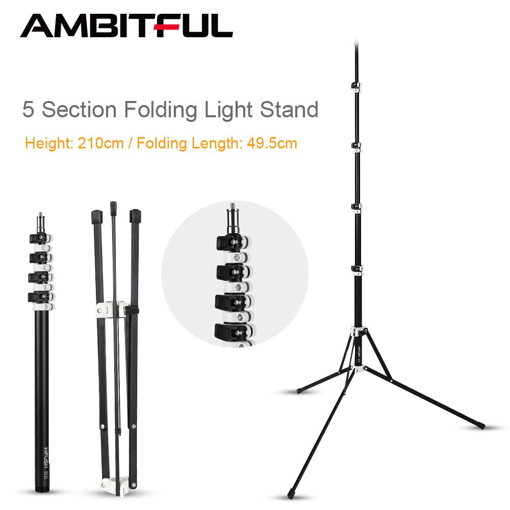 210cm 5 Section Collapsible Light Stand 6.9ft Metal Portable Foldable Tripod Outdoor Light Stand for Studio Flash Speedlite