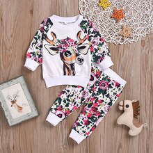 Baby Meisjes Kleding Set Peuter Meisjes Kerst Cartoon Herten Tops Bloemen Broek Outfits Set Kerst Baby Kleding