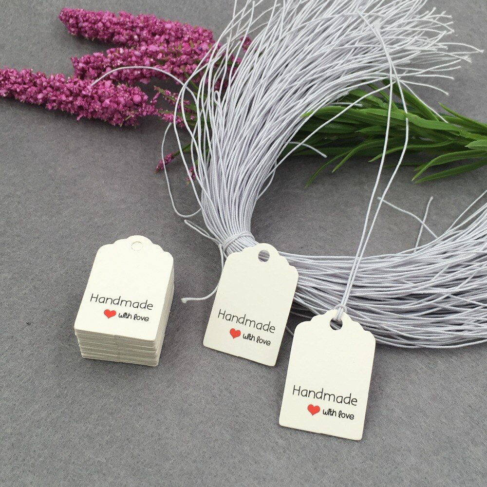 100 Pcs + 100 Strings 3x2 cm Papier Tags Labels Gedrukt Handgemaakte met Liefde Voor Zak Decoratie bagage Supply Hang Prijskaartjes