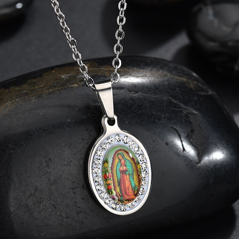Uzone religiøs jomfru maria vedhæng amulet halskæde rustfrit stål kristne smykker cz sten bøn halskæder til kvinder krave