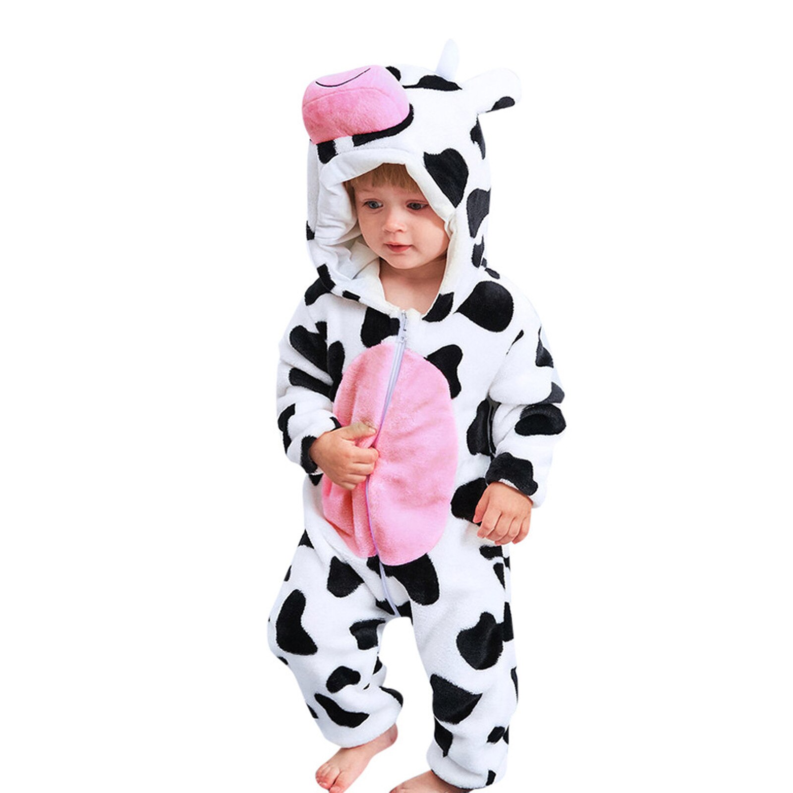 Baby Jongen Meisje Kleding Set Baby Baby Flanel Cartoon Vlekken Koe Print Hooded Romper Jumpsuit Sets