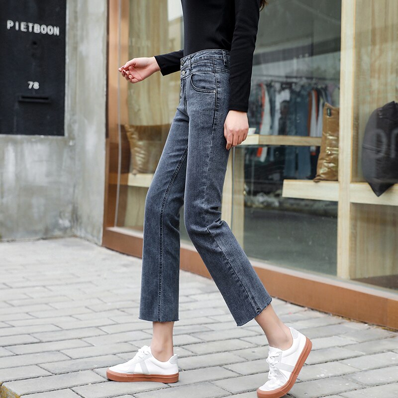 Jean boyfriend taille haute pour Femme, Pantalon droit, ample, décontracté, Denim, Streetwear,: BLUE / 26