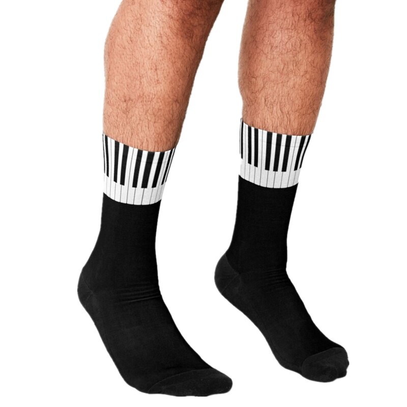 Chaussettes drôles pour hommes, touches de Piano, couverture musicale, motif imprimé hip hop, chaussettes joyeuses pour hommes, mignons garçons, style de rue, chaussettes folles pour hommes
