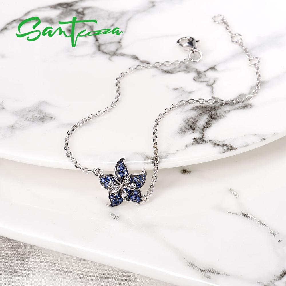 SANTUZZA Silver Bracelet For Women Authentic 925 Sterling Silver Delicate Dainty Blue Star Flower Adjustable Fine Jewelry