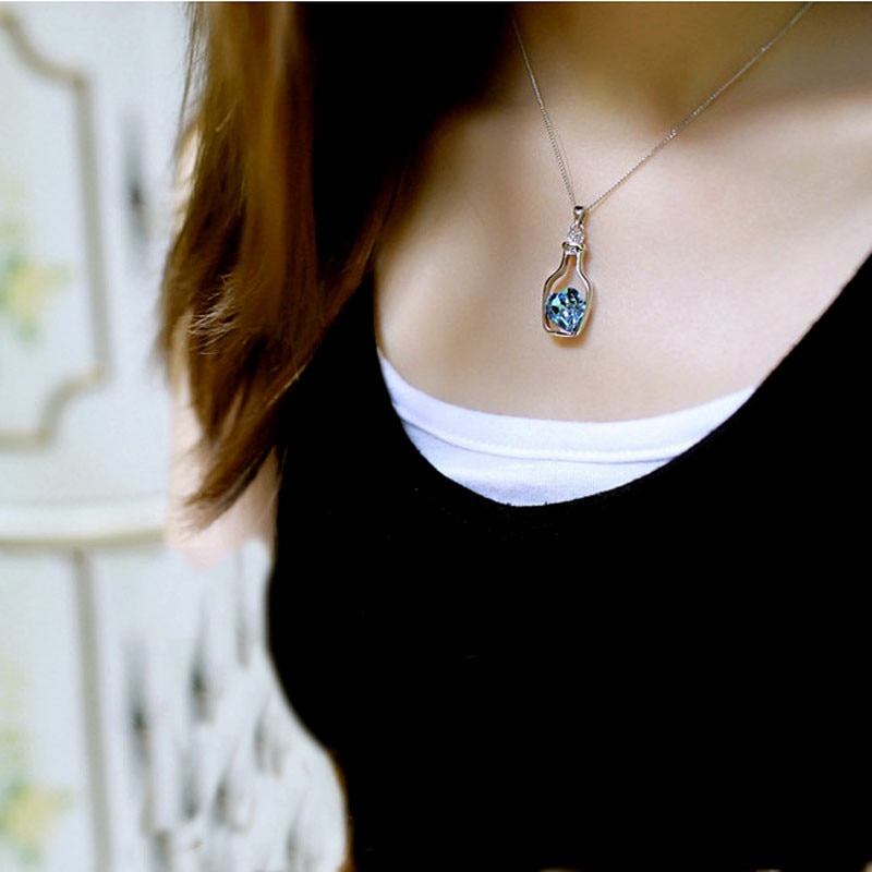 Ladies Popular Crystal Necklace Heart Love Chain Necklaces & Pendants For Women Love Drift Bottles Necklace 21