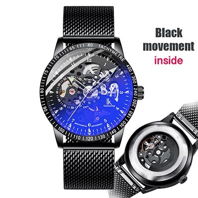 Ik färglägg herrklockor mesh flätat band i rostfritt stål automatisk mekanisk manlig klocka skelett steampunk relogio masculino: B2