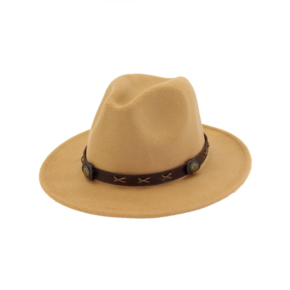 QBHAT uomo donna cappelli Fedora Jazz in feltro di lana tinta unita con cinturino in pelle marrone cappello da Cowboy a tesa larga cappello verde Trilby Panama per la festa