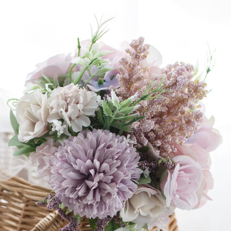1 flok kunstige blomster krysantemum, lavendel og roser kombination buket til boligindretning bryllup diy holder blomster: 5