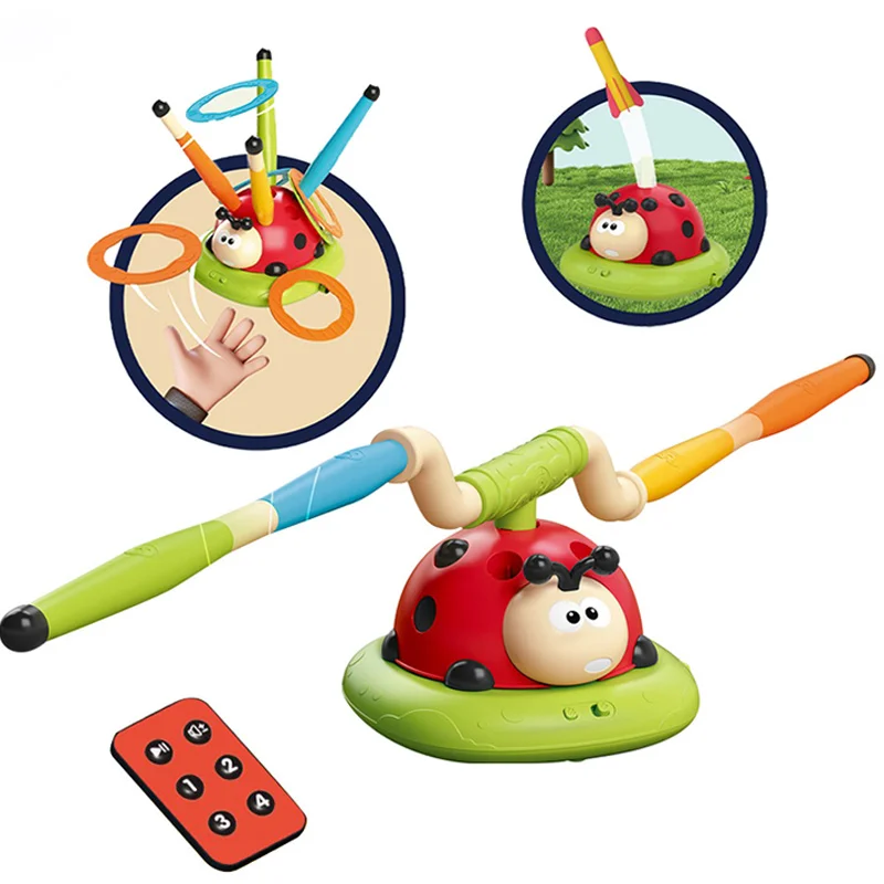 Musikalisches Springen-Sportspielzeug, 5-in-1, 3-in-1-Wurfring-Spiel, Spielzeug und Raketenwerfer für freundlicher, Marienkäfer, Multifunktions-Außenmaschine: Weiß