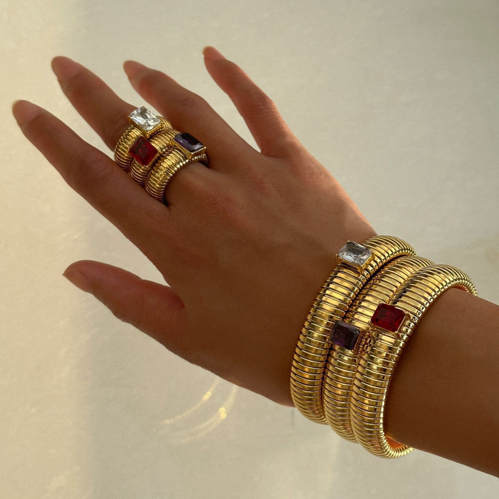 Anillos Punk exagerados de cristal multicolor para mujer, chapado en oro de 18 quilates, resistente al agua, anillo cuadrado grueso, joyería Vintage de hip hop