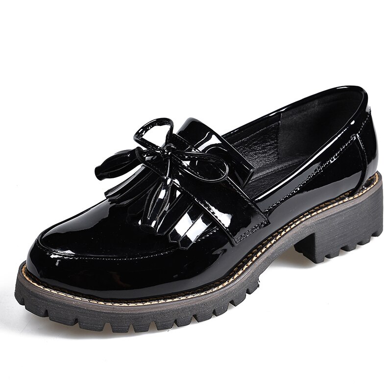 Plus size 41 42 oxford sko til kvinder laksko dame sløjfe slip on dame flat kvaster dame læder sko: Sorte oxford sko / 9