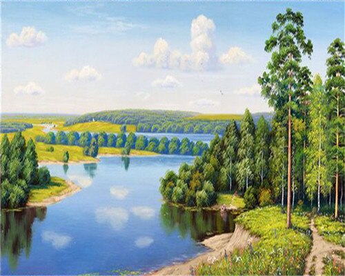 Azqsd kleuren op nummer natuur landschap acryl afbeeldingen olieverfschilderij op nummer meer schilderpakketten woondecoratie: Szyg 3008