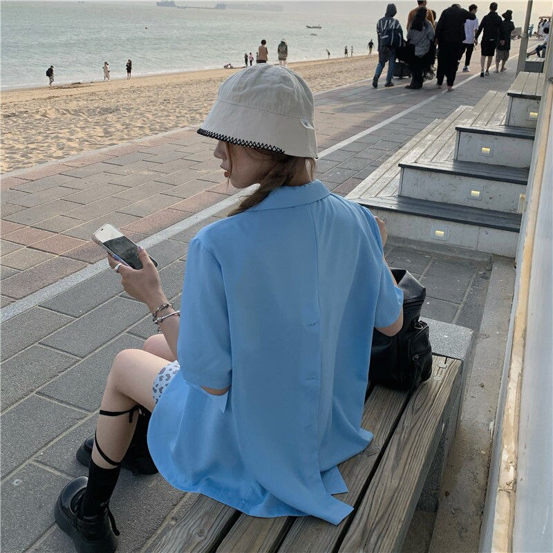 Blezery damskie jednolity, z nacięciem dwurzędowy modny workowaty koreańnarty styl wypoczynek lato z krótkim rękawem cały mecz elegancki prosty: niebieski / S