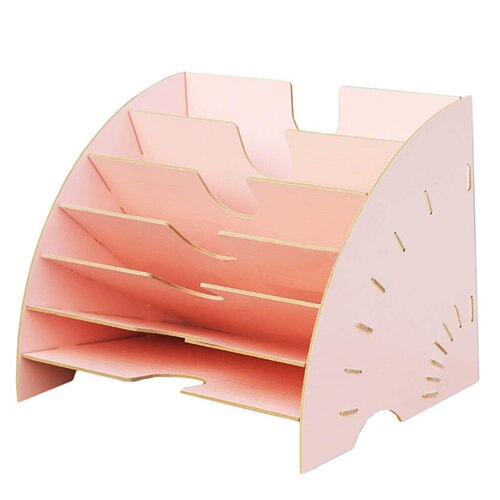 Files Rack Bookshelf Desktop Storage Box A4 File Holder Sector Wooden Multi-Layer Desk Sorting Rack Office Supply Organize Shelf: Pink