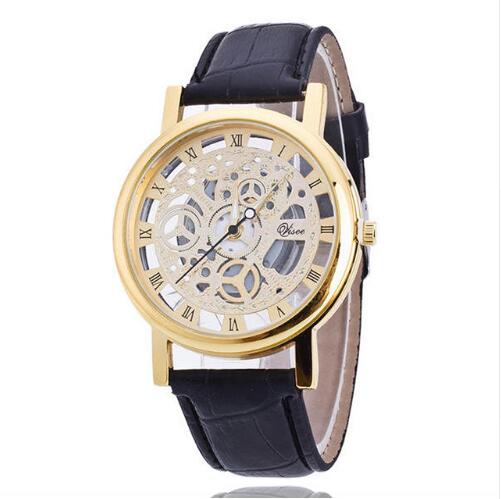 TIke Toker, Business Skeleton Horloge Mannen Gravure Holle Reloj Hombre Jurk Quartz Horloge Lederen Band Vrouwen Klok Relojes: Gold with Black