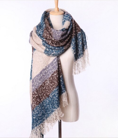 Women Fall Winter Mohair Cashmere Like Scarf Long Size Warm Scarves & Wraps For Lady Casual Patchwork Accessories: Blue