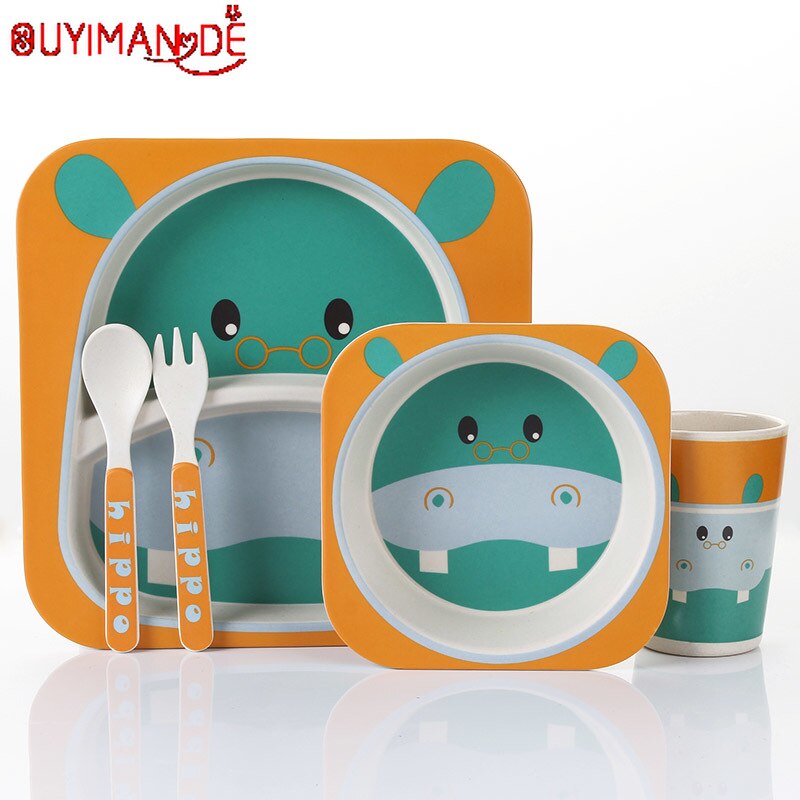5pcs/set Animal Zoo Baby Plate Bow Cup Forks Dinnerware Feeding Set 100% Bamboo Fiber Baby Children Tableware Set