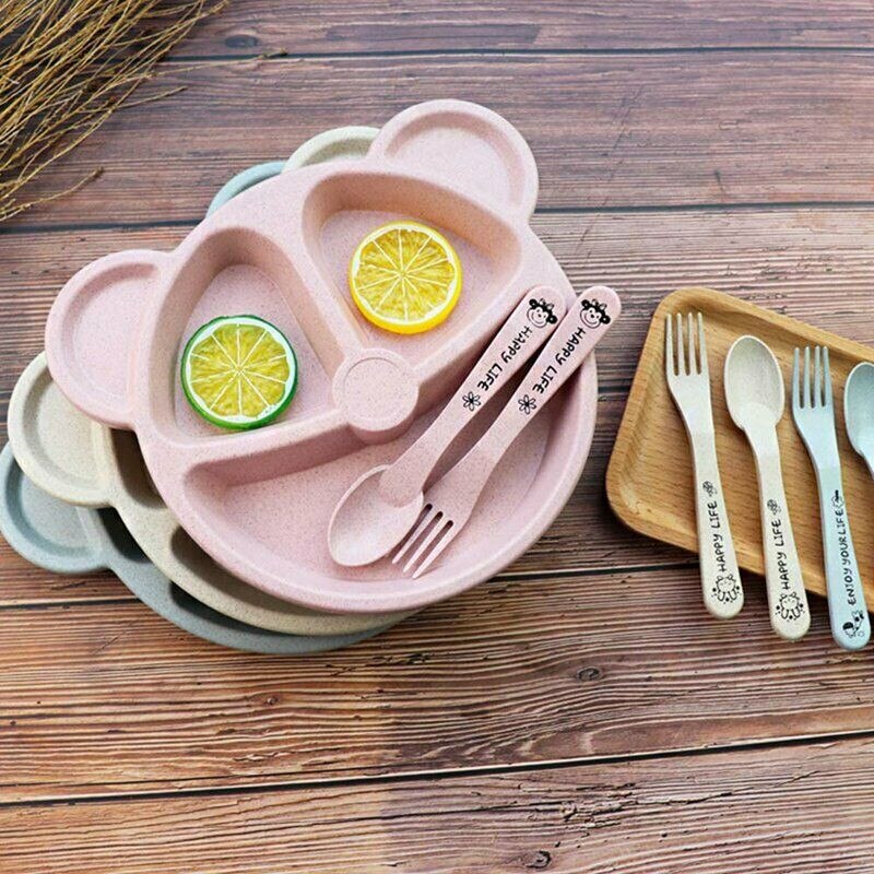 Feeding Food Tableware Cartoon Bear Children Dishes Kids Dishes Plate Baby Plate Fork Spoon Baby Eating Training Dinnerware Set