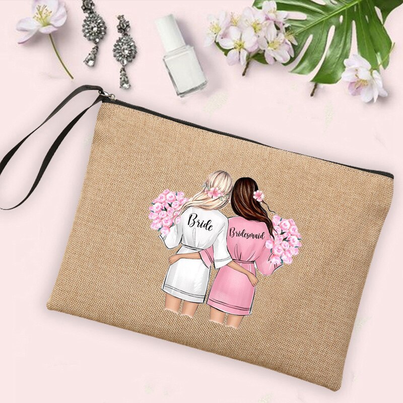 Team Bride Print Cosmetic Bags Bachelorette Party Neceser Makeup Bag Linen Pouch Travel Toiletry Organizer Bridal Shower
