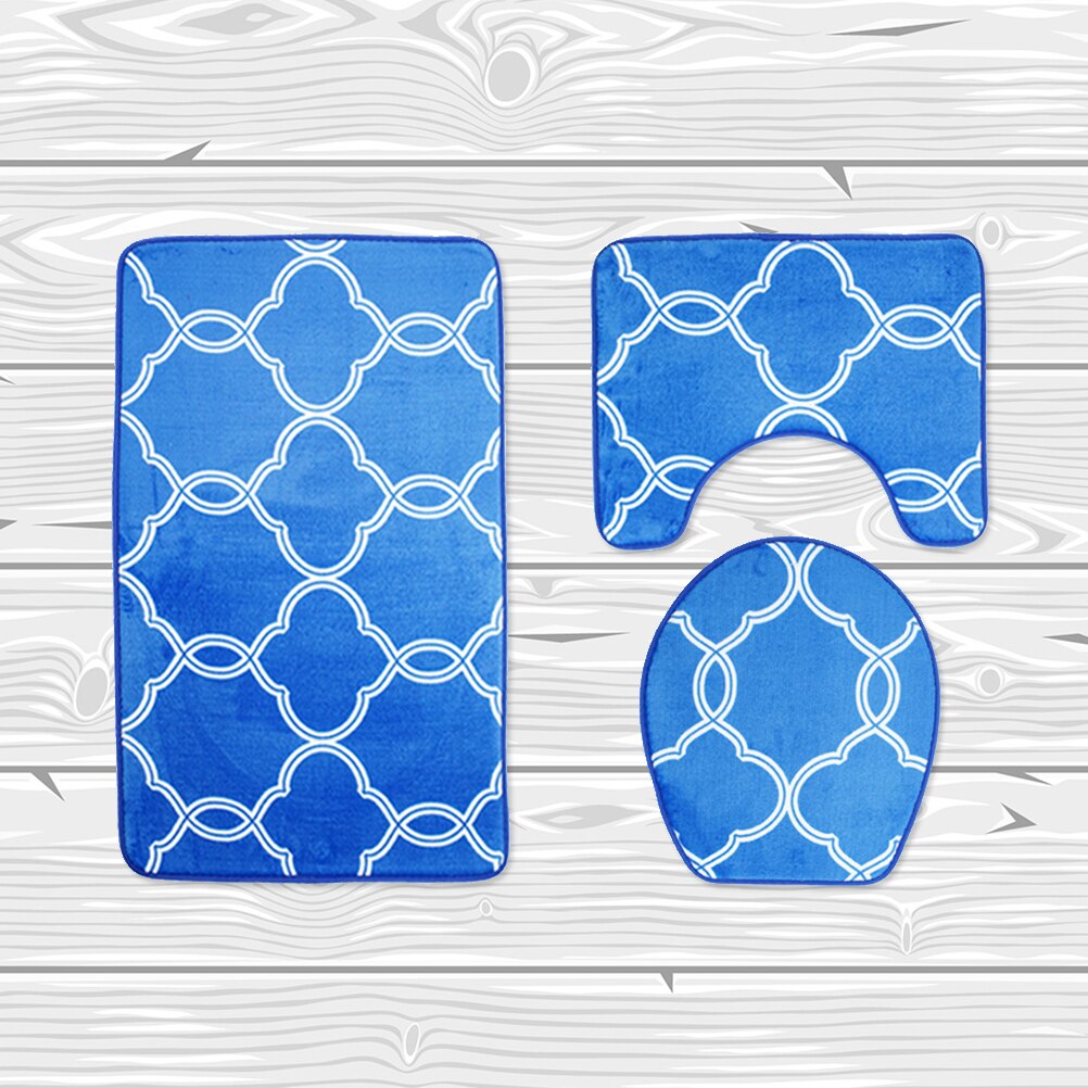 3 in 1 Lantern Pattern Bathroom Mat Set Antiskid Washroom Carpet Mat Toilet Seat Lid Cover (Blue)