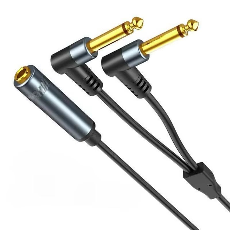 6,35 mm jack splitter 1/4 TRS stereo vrouwelijk naar dual 1/4 TS mono haakse 6,35 mm audio breakout-kabel 30 cm voor luidsprekermixer