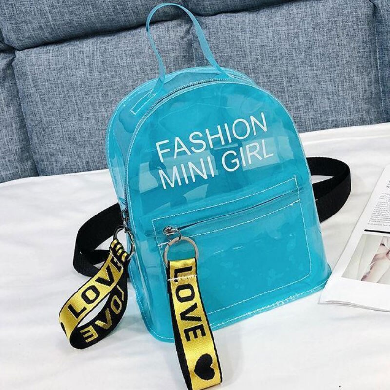 2020 moda estilo barato plástico senhoras casual mini mochilas sacos de telefone celular transparente meninas bolsas: Blue