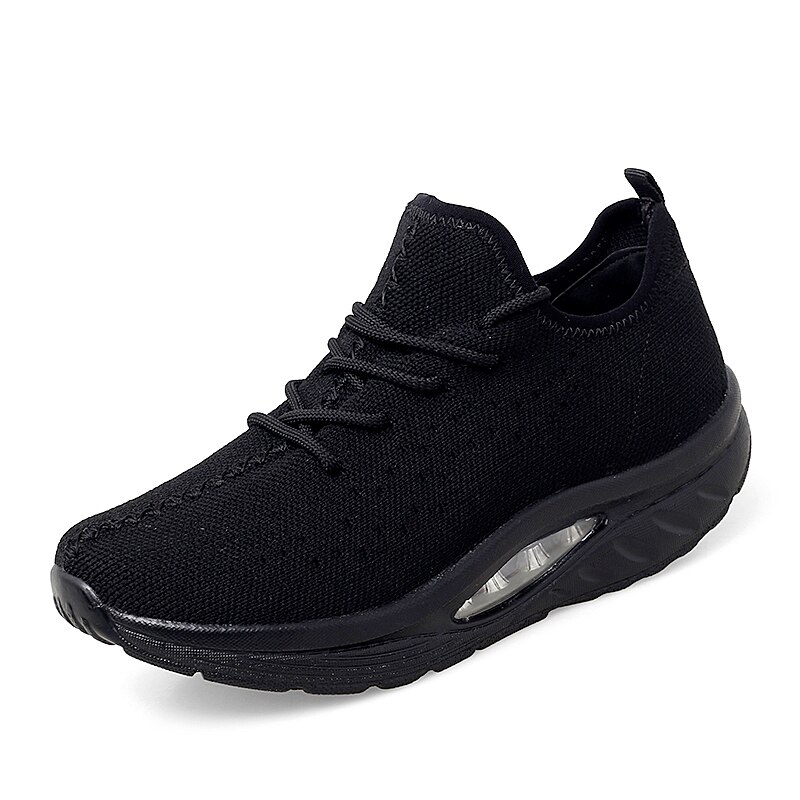 Zapatos deportivos de para mujer, zapatillas de suela gruesa, zapatos de plataforma de tejido volador, zapatillas tonificadoras de cuña, zapatos de balanceo transpirables: Negro / 40