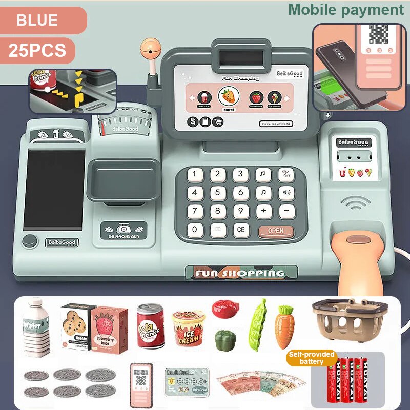 Caja Registradora de juguete para supermercado para niños, simulación de deslizamiento, cálculo, tienda de conveniencia, caja registradora: 25PCS Blue