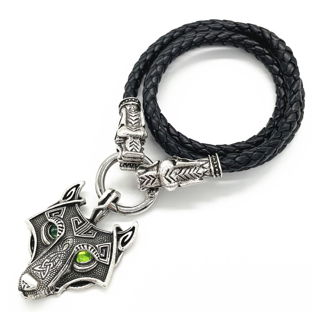 Vintage Groene Ogen Wolf Amulet Hanger Gothic Accessoires Viking Ketting Dubbele Wolven Heads Lederen Ketting Sieraden Voor Mannen