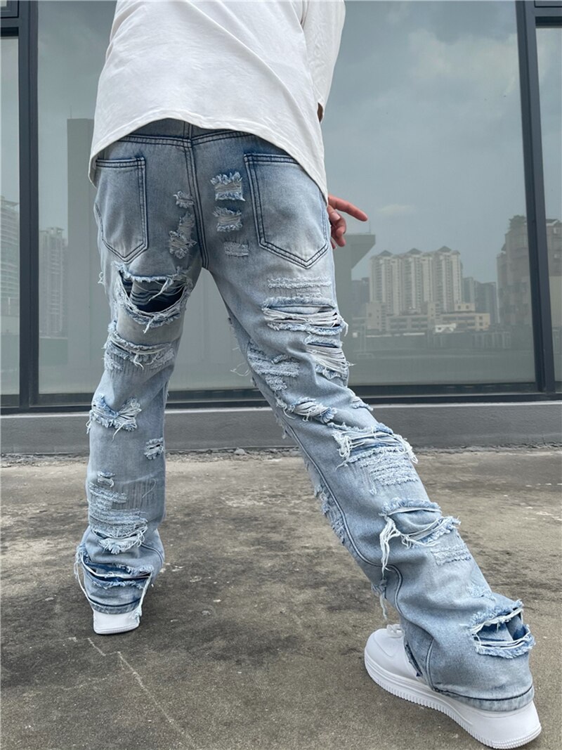 Baggy Jeans Hole Flare Denim Trousers Men Hip Hop Distressed Streetwear Ripped Flared Jeans Biker Tailored Washed Destroyed