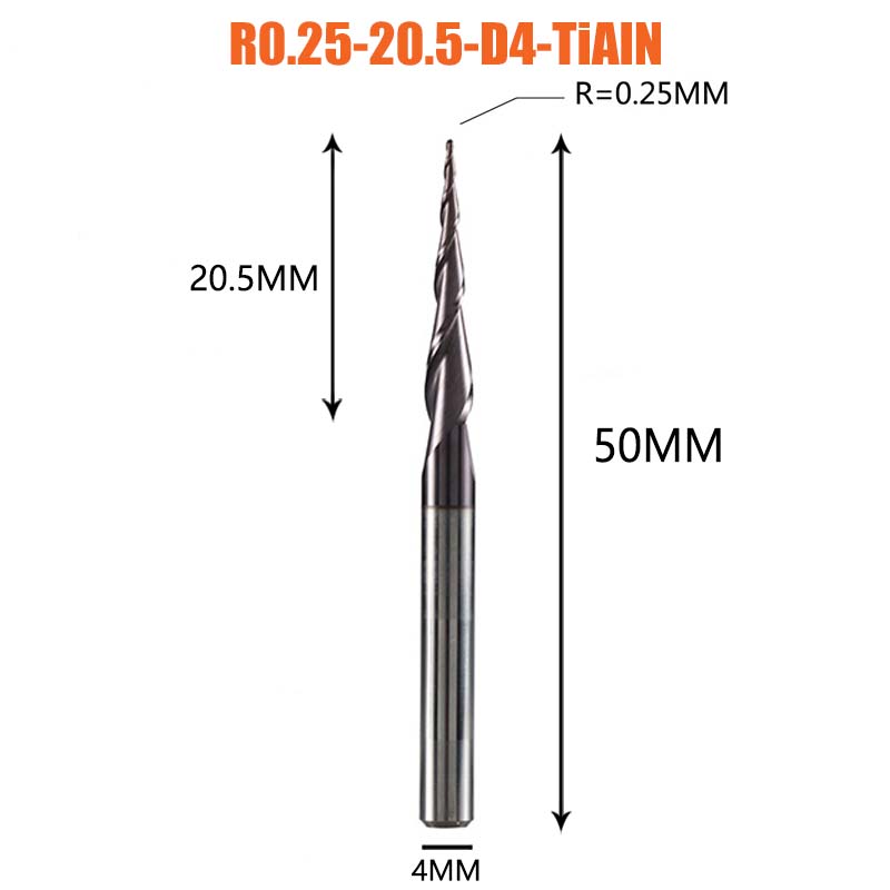 1 Pcs Tungsten Vhm Gecoate Taper Ball Nose Cnc Frezen Frezen Voor Hout En Snijders Voor Metalen end Mill: R0.25-20.5-D4