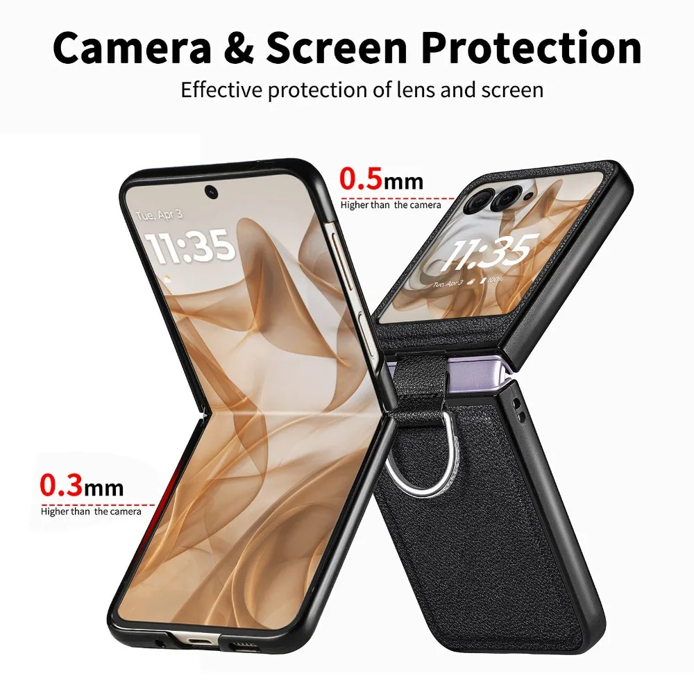 Capa de telefone luxuosa de couro pu para motorola moto razr 60 50 40 ultra com anel padrão de lichia pu tela dobrável capa protetora traseira