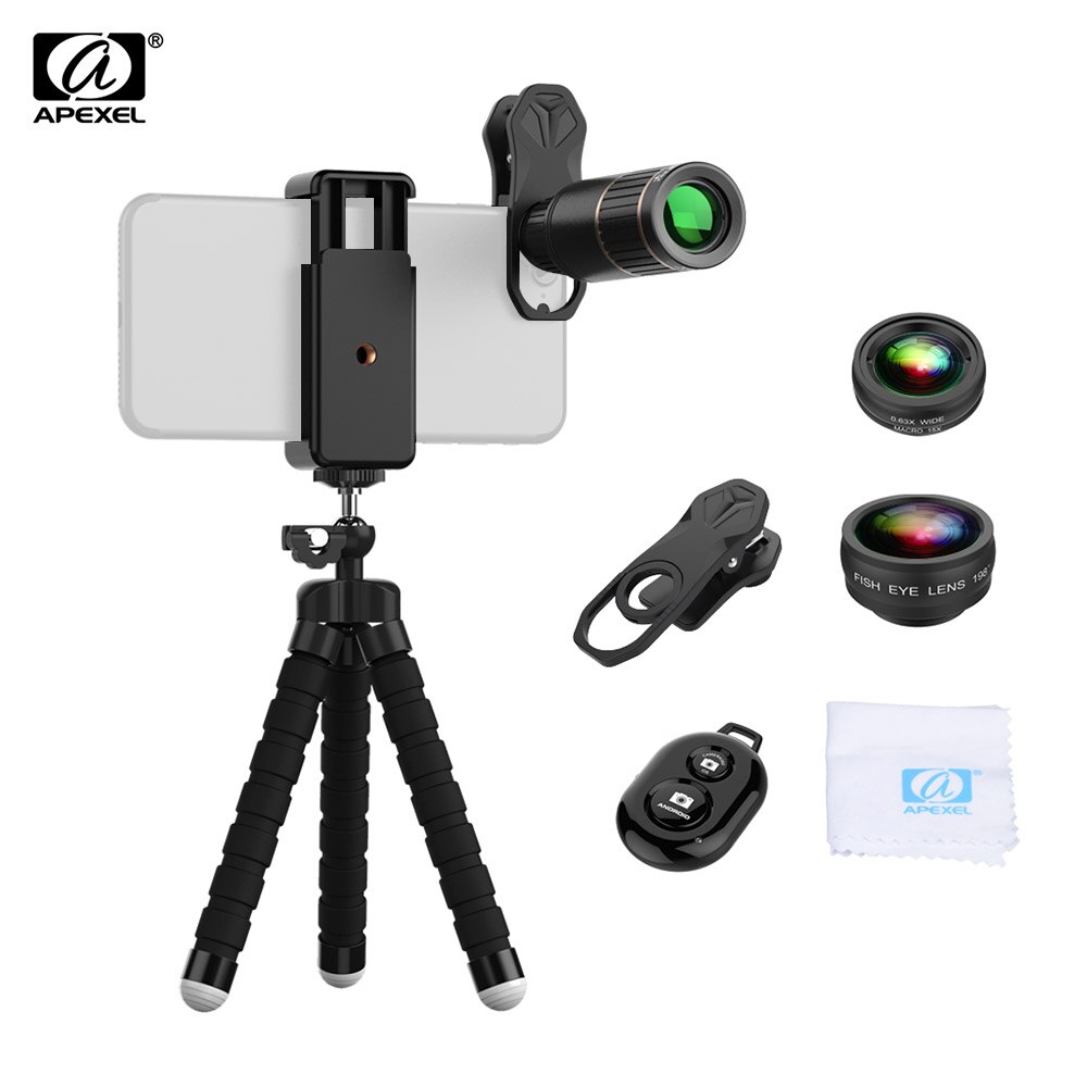 Apexel APL-JS16XBZJ5 Multifunctionele 4in1 Telefoon Lens Kit 16X Optische Telescoop Telelens 0.63X Groothoek Lens 15X Macro Lens