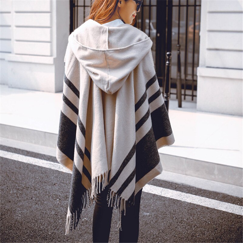 Oversized Shawls Warm Winter Hooded Wrap Cashmere Poncho Plaid Capes Outwear Cardigans Sweater Coat Tassel