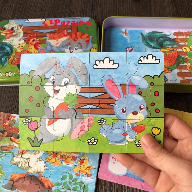 4 In 1 Puzzles 9/12/15/20Pcs Puzzles/Set With Iron Box Wooden Toys For Kids Educational Baby Toys Learning: Rabbit