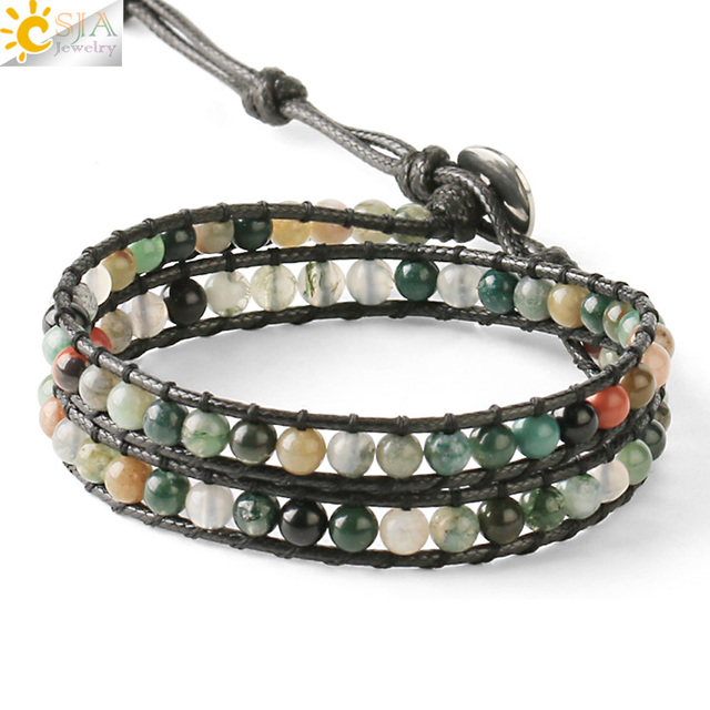 CSJA Turquoise Man Bracelet Bohemian Handmade Braides Bangle Indian Agate Crystal Beaded Double Layer Bracelets Women Homme S625: dark green